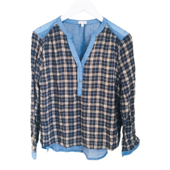 EN CREME (Anthropologie) Mixed Media Denim/Plaid Top/Shirt Jean Blue Size Large - Picture 4 of 8